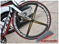 Focus on the front Spinergy Rev-X carbon wheel.